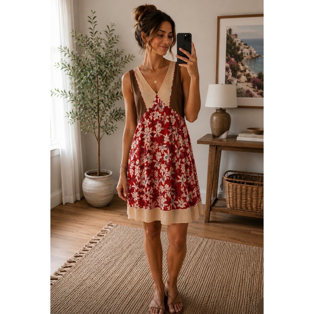 Ryu Floral Mixed Mini Dress Brown Red V-Neck Sleeveless  Womens M
